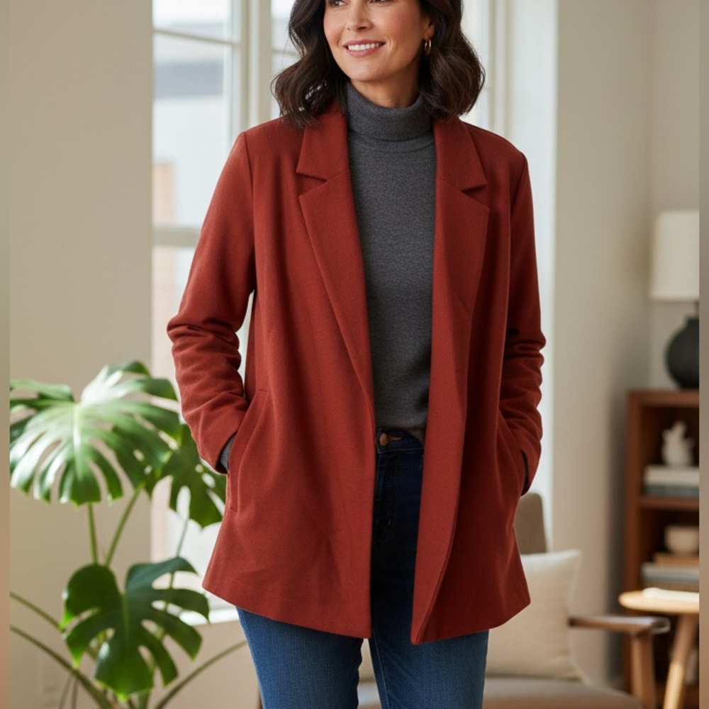 EILEEN FISHER‎ L Wool Blazer Cardigan Notch Collar Red